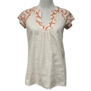 Anthropologie Tabitha Tunic Top Plunge Neck Embroidered Pleats Cotton Sz 2